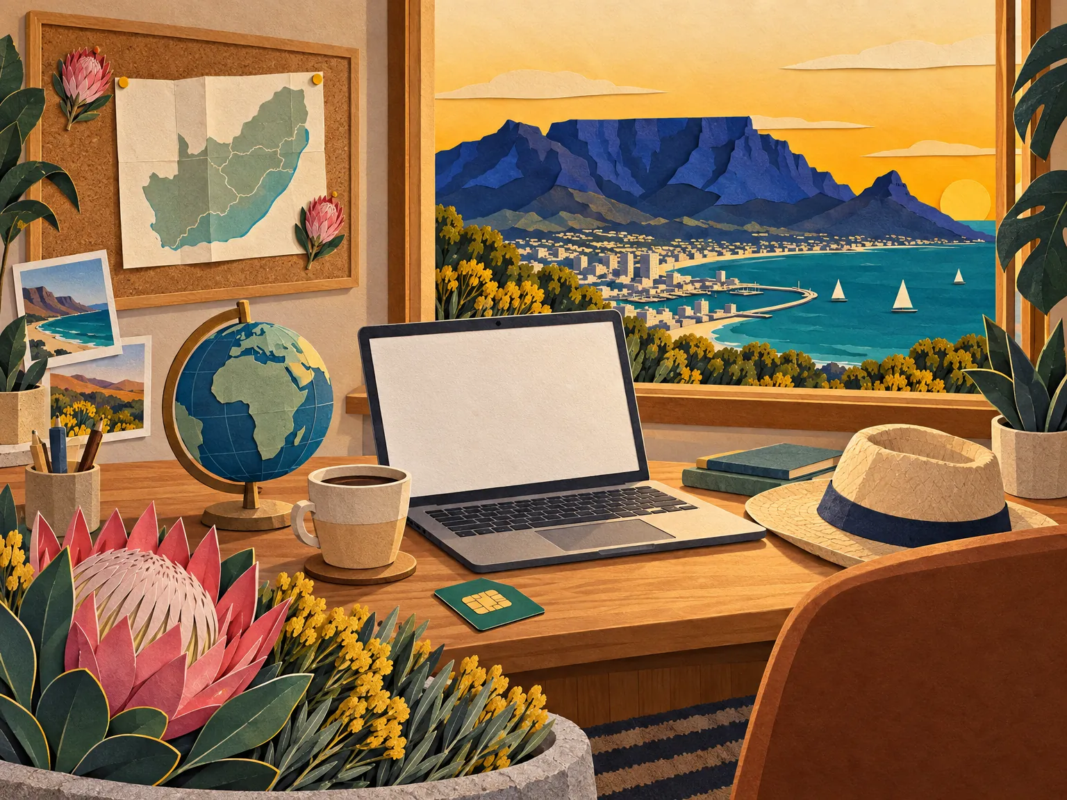 Paper-cut collage of a small travel studio desk with a laptop, a globe showing Africa, a map of South Africa, coffee and protea flowers.
