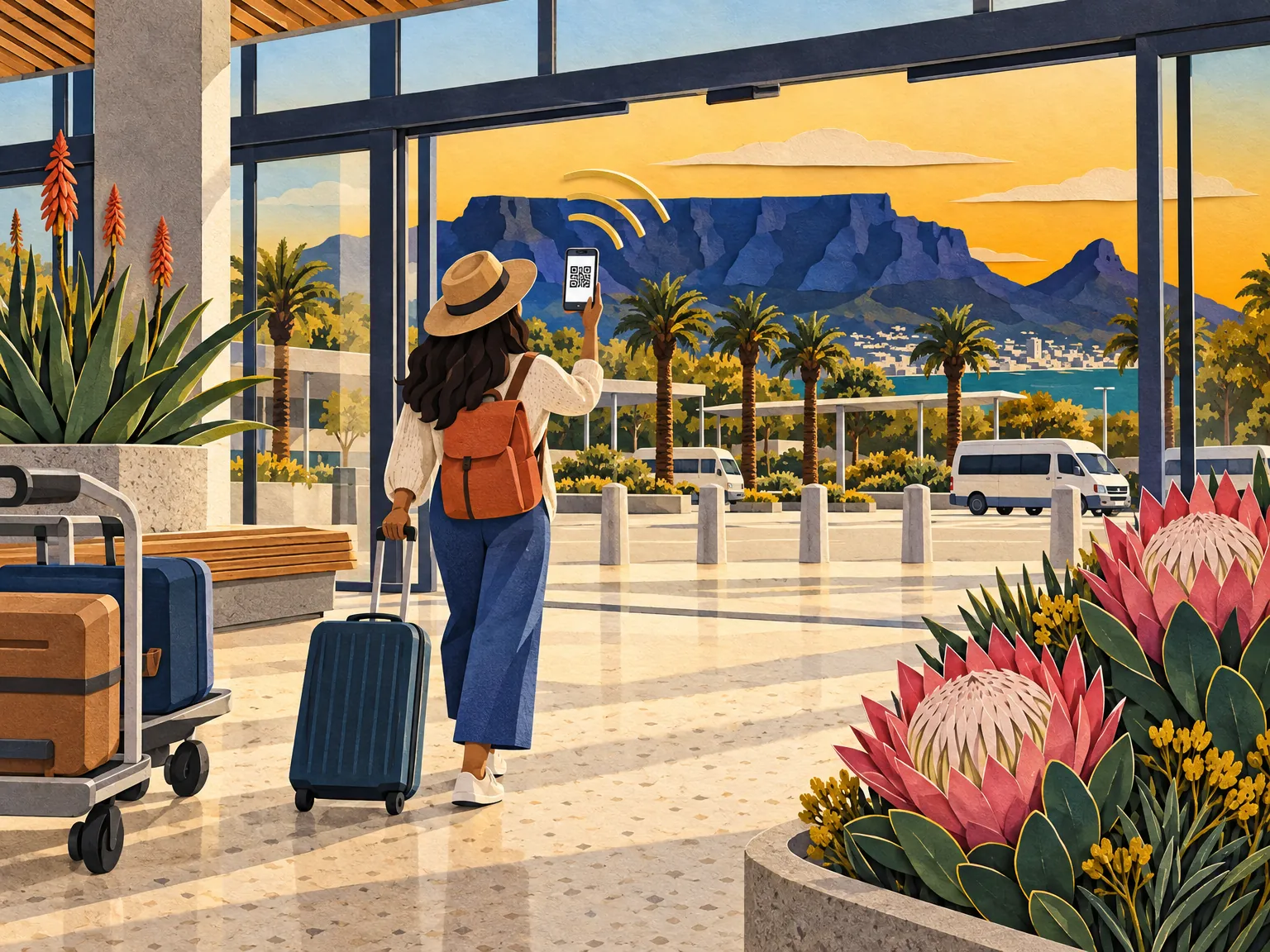 Paper-cut collage: a traveller with a suitcase and a phone showing a QR code walks out of an airport arrivals hall past shuttle vans, with Table Mountain behind.