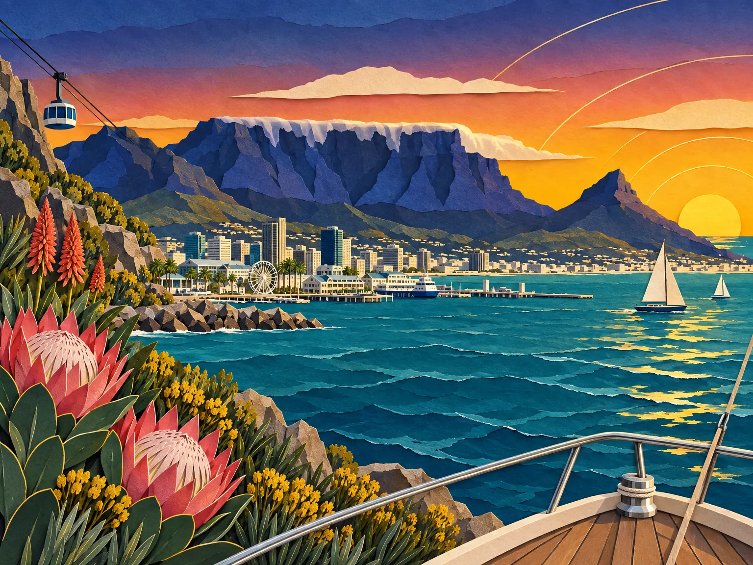 Paper-cut collage of Cape Town: Table Mountain above the harbor with sailboats and a cableway, protea flowers in the foreground.