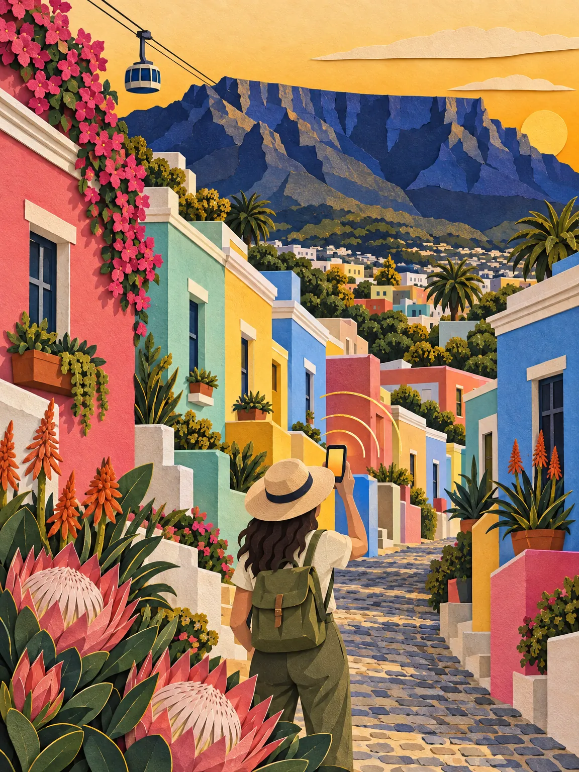 Paper-cut collage of Cape Town: Table Mountain above the harbor with sailboats and a cableway, protea flowers in the foreground.