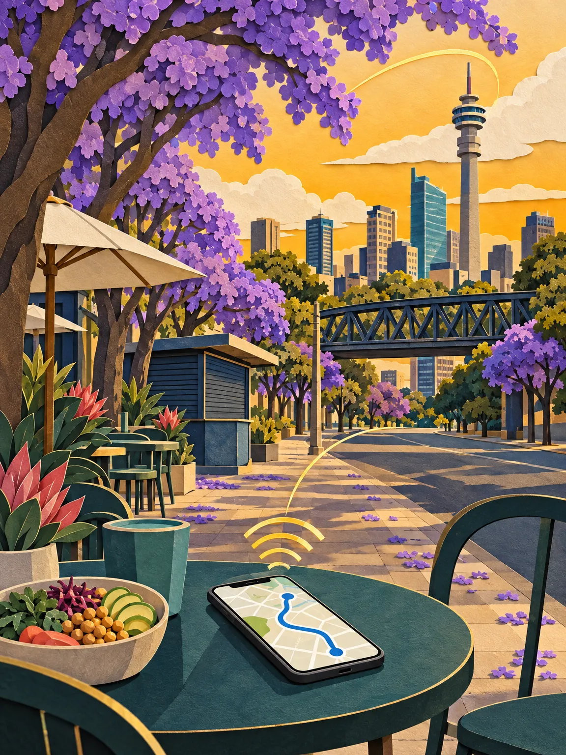 Paper-cut collage of a Johannesburg street with jacaranda trees in bloom, the Hillbrow tower, a bridge and a phone on a café table.