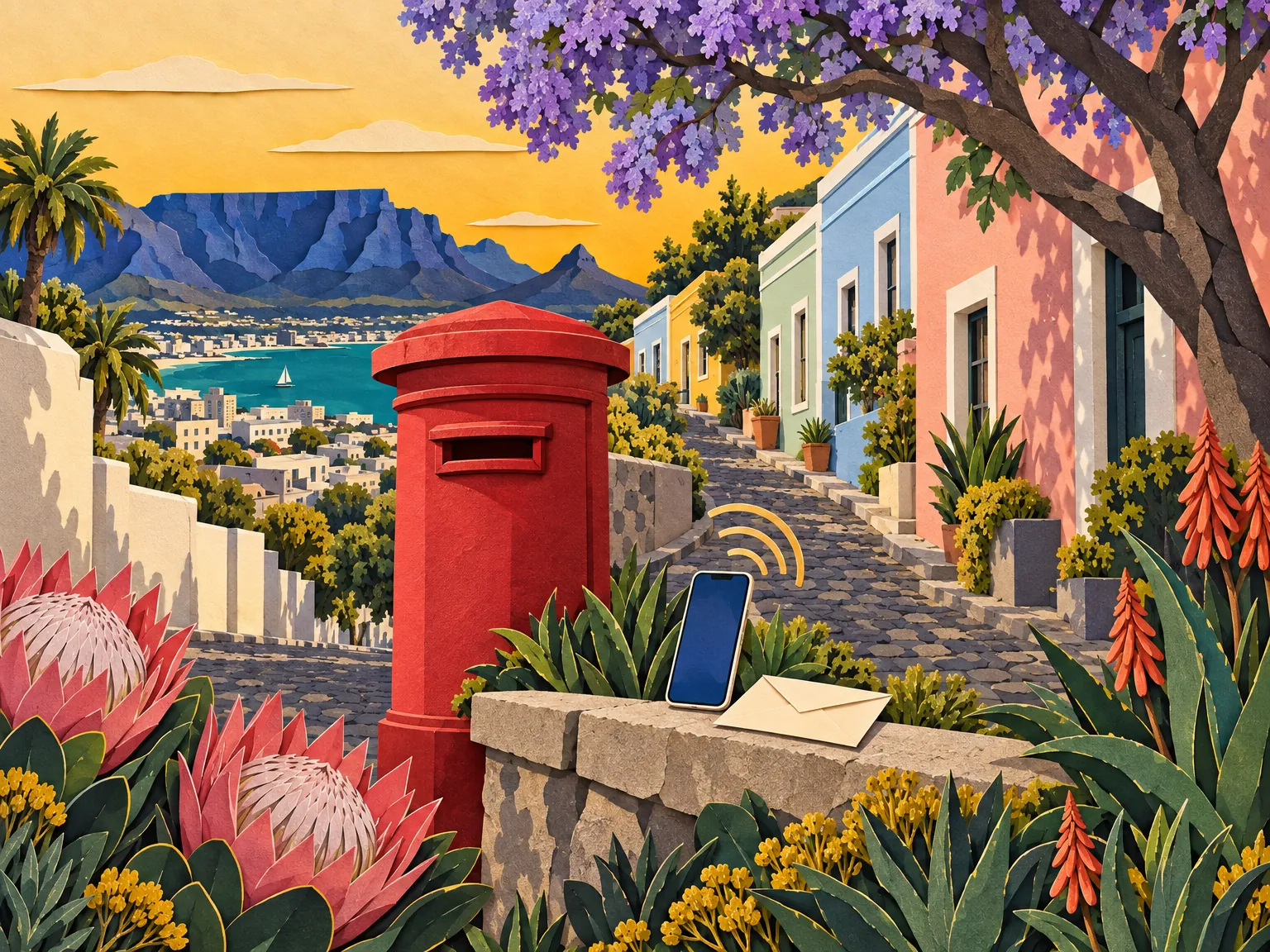 Paper-cut collage of a South African street corner with a red post box, a phone and an envelope under a jacaranda tree in bloom.