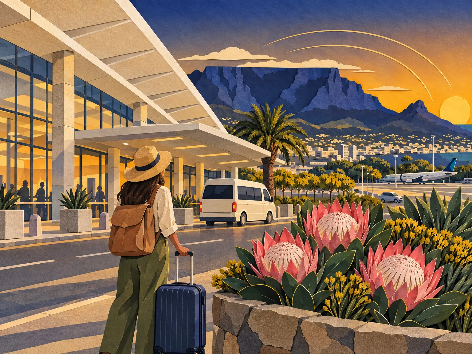 Paper-cut collage of the Cape Town airport forecourt with Table Mountain behind, a traveller with a suitcase and a phone.