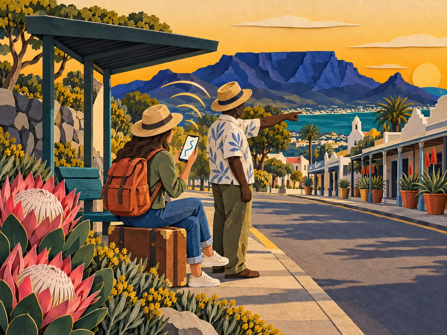 Paper-cut collage of two travellers by a bus shelter on a flower-lined street, one checking a phone and one pointing the way.