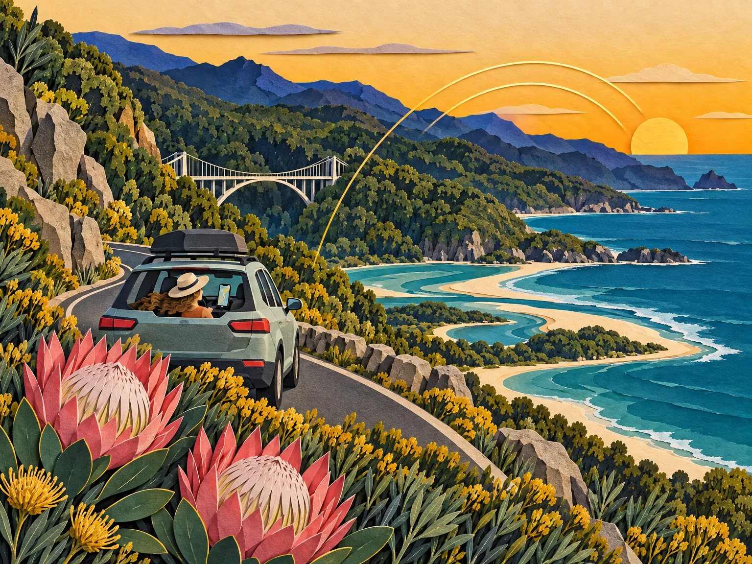 Paper-cut collage of the Garden Route: a coastal road between green hills and the sea, a suspension bridge and a small car.