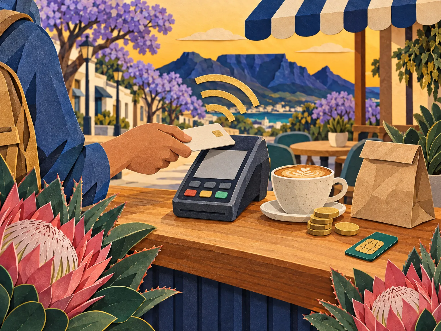 Paper-cut collage of a café counter: a card on a card machine with a blank screen, plain unmarked coins and a paper bag beside a coffee and a SIM card, under a striped awning.