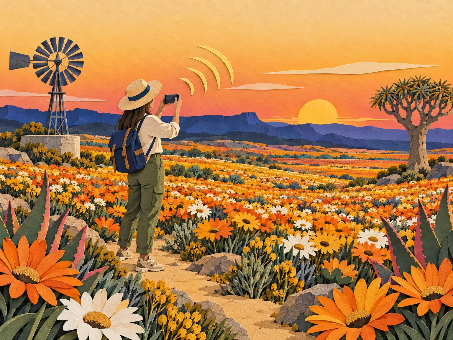 Paper-cut collage of a Namaqualand wildflower field at golden hour: a traveller photographing a carpet of daisies, a windpump, a quiver tree and signal arcs in the sky.