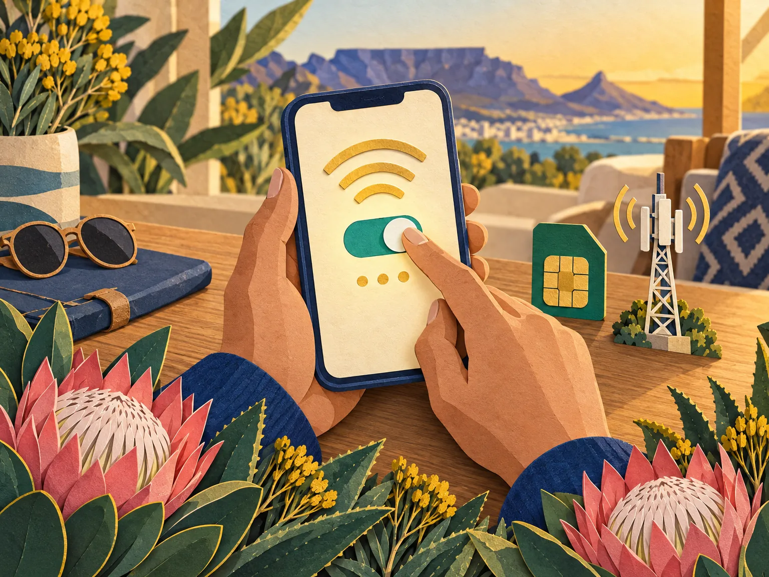 Paper-cut collage of a hand switching a toggle on a phone, with a SIM card and signal arcs above.