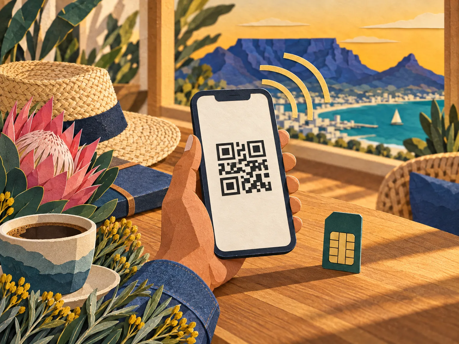 Paper-cut collage of a hand holding a phone showing a QR code on a wooden table with a SIM card, straw hat and protea flowers.