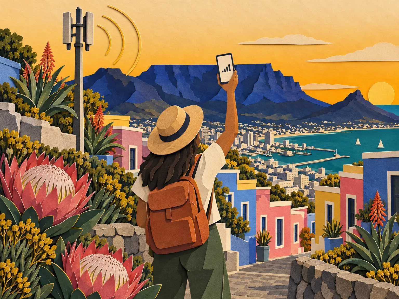 Paper-cut collage of a traveller holding a phone up for signal beside a signal tower on a South African street.