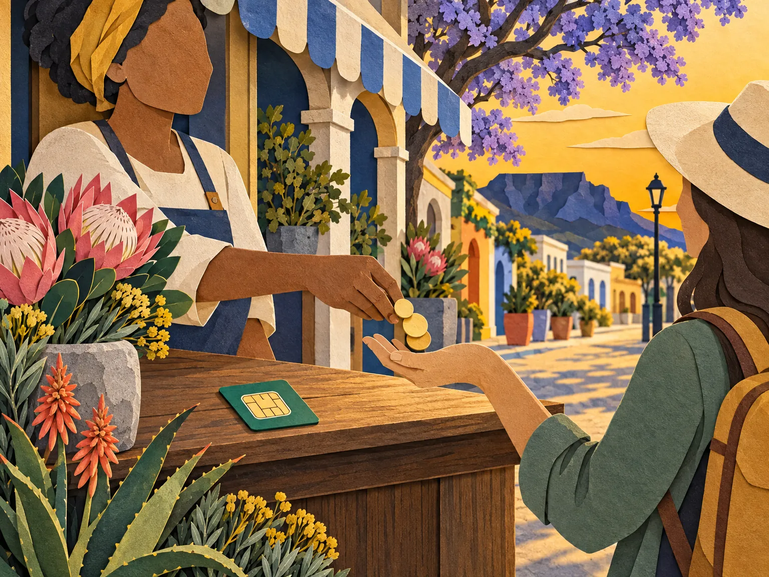 Paper-cut collage of a shopkeeper handing coins across a counter to a traveller, with a SIM card and protea flowers.