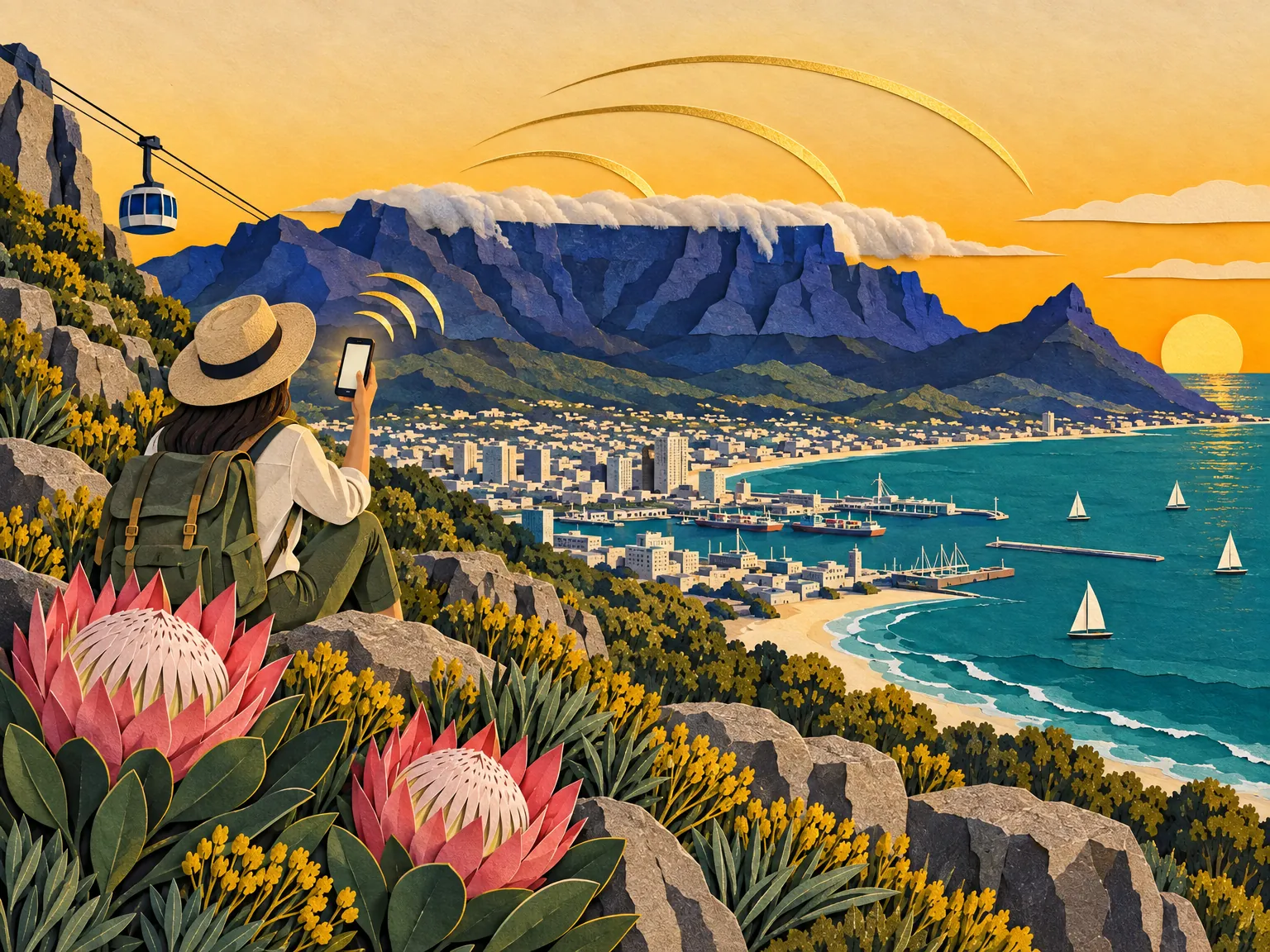 Paper-cut collage: a traveller in a straw hat checks a phone on the Cape Town waterfront below Table Mountain, with the cableway, a sailboat and protea flowers.