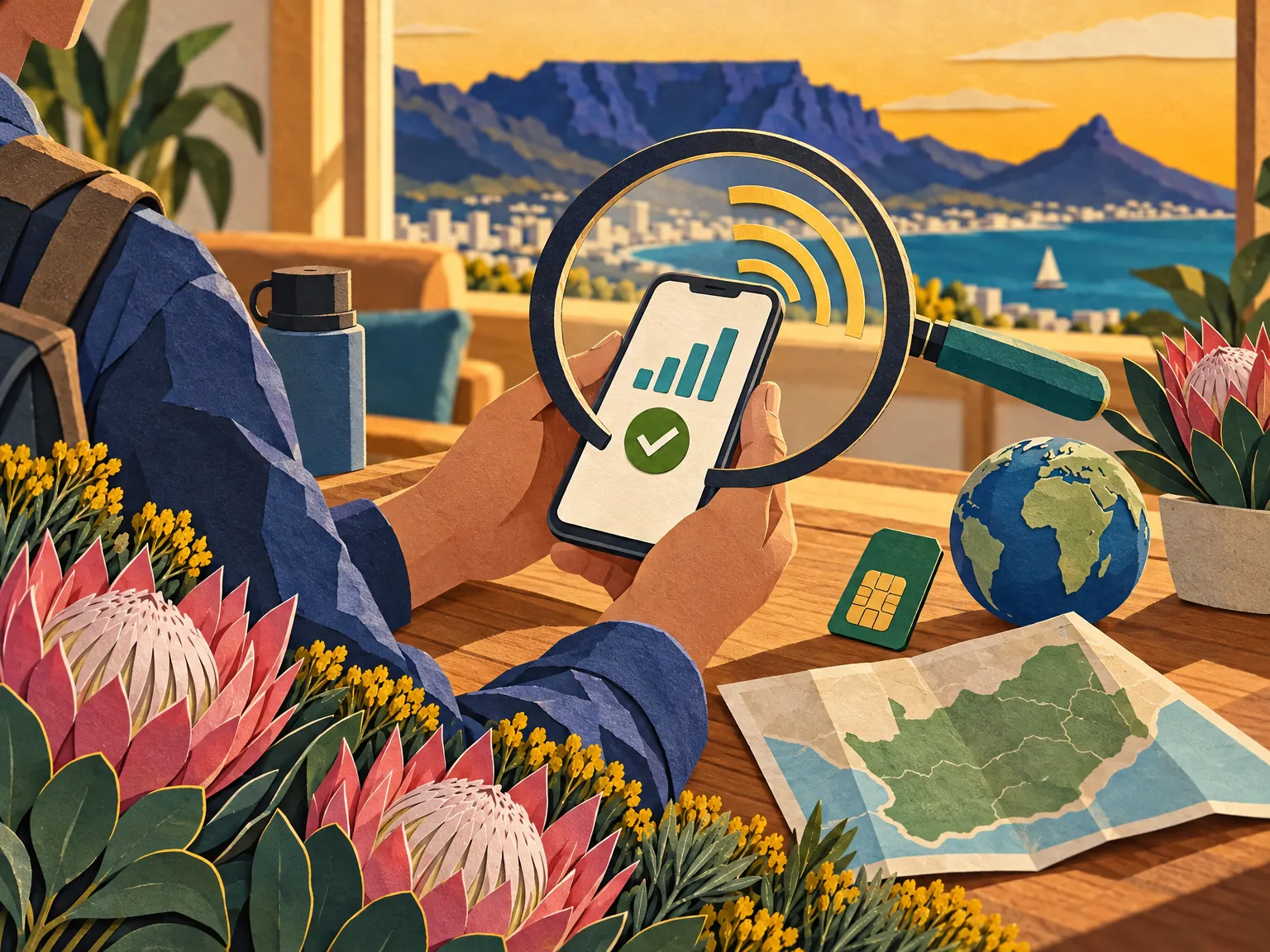 Paper-cut collage of a hand holding a phone under a magnifying glass, with a green tick on the screen, a signal arc and a SIM card.
