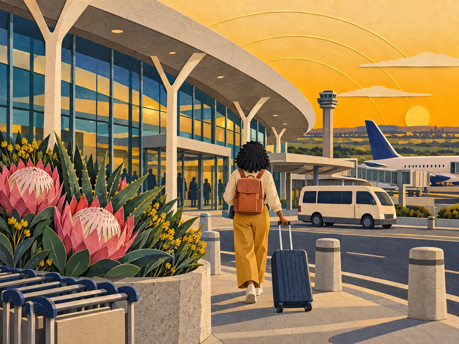 Paper-cut collage of an airport arrivals terminal: a wide roof, shuttle vans, a traveller with a suitcase and protea flowers.