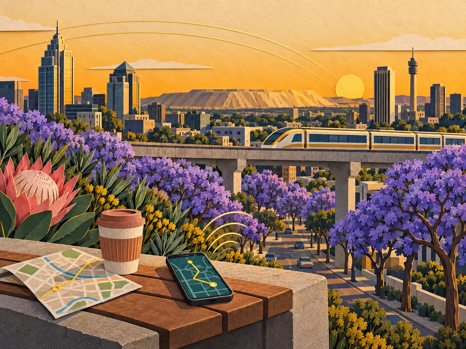 Paper-cut collage of a Johannesburg street with jacaranda trees in bloom, the Hillbrow tower, a bridge and a phone on a café table.