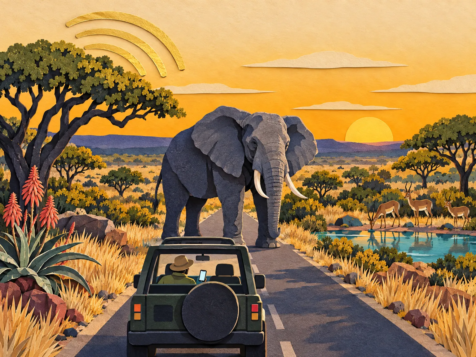 Paper-cut collage of the Kruger bushveld at golden hour: a safari jeep facing an elephant, a baobab and signal arcs over the road.
