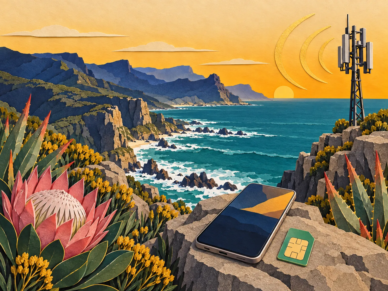 Paper-cut collage of a signal mast on a coastal cliff near Cape Point, with teal waves and foam below and a phone beside a SIM card on a rock.