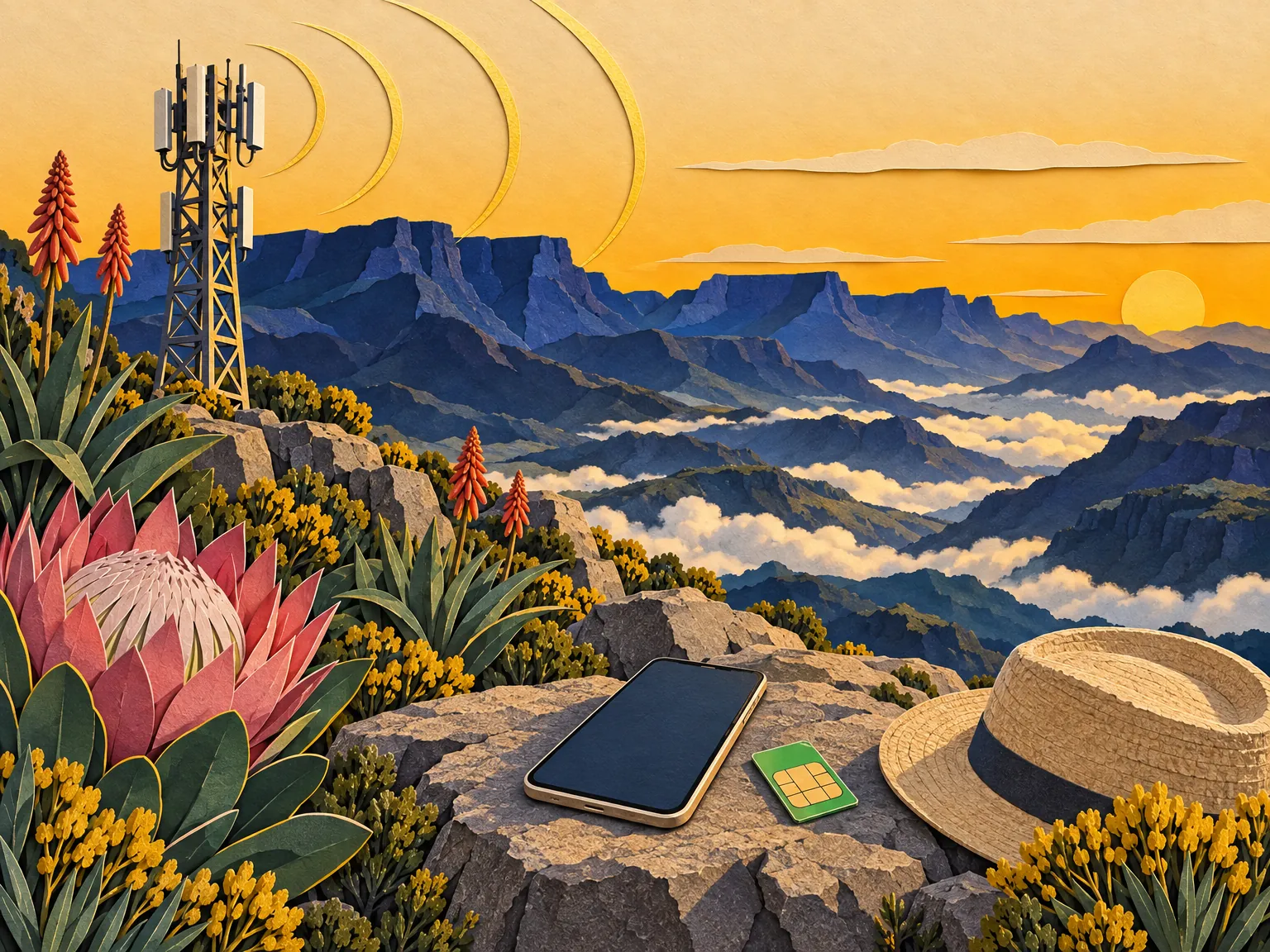 Paper-cut collage of a lattice signal mast on a Drakensberg ridge with cloud banks in the valleys, a phone and a SIM card on a rocky ledge.