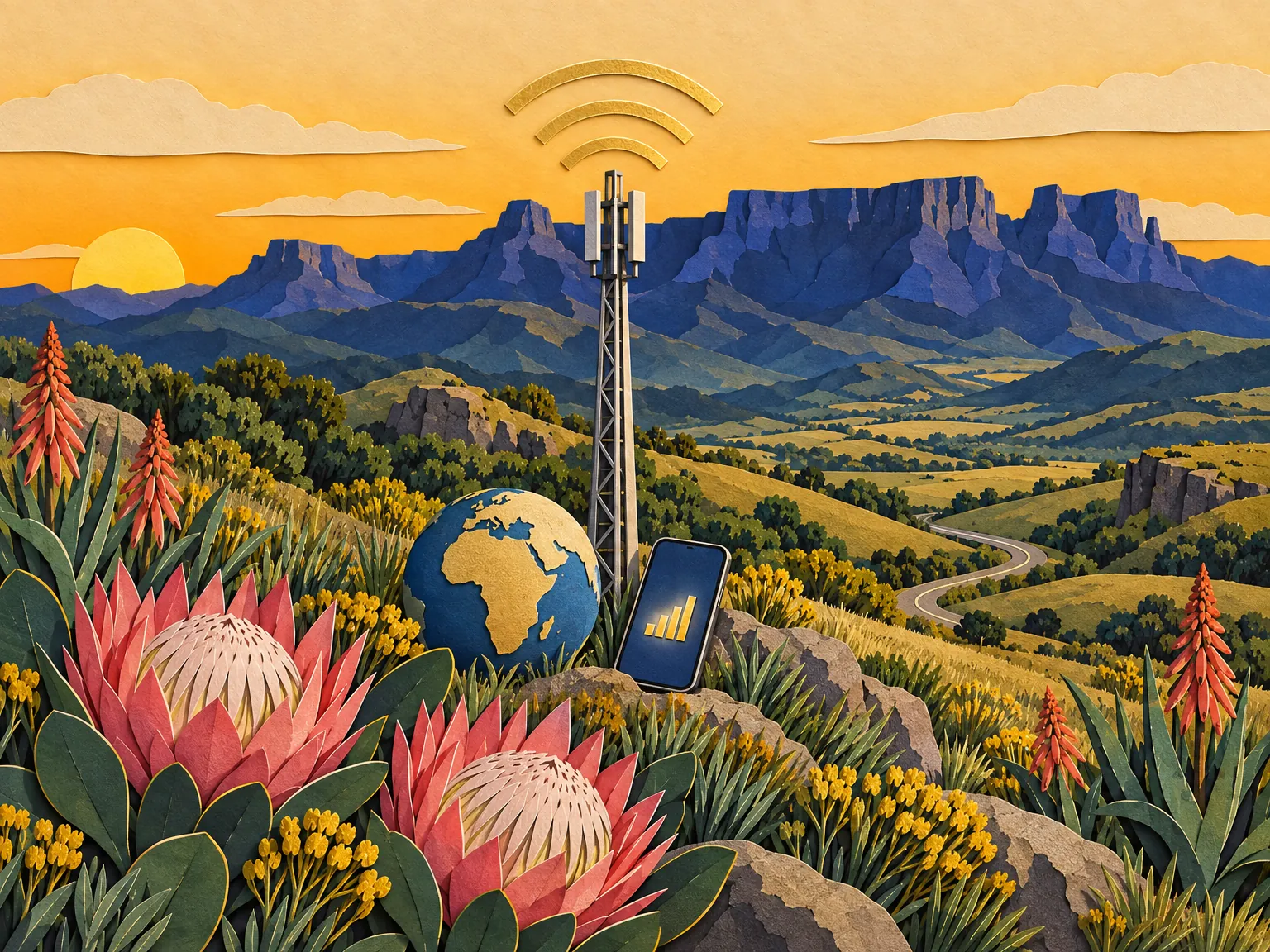 Paper-cut collage of a signal tower in the Drakensberg foothills with radio waves above, a phone with a SIM card at its base and protea flowers.