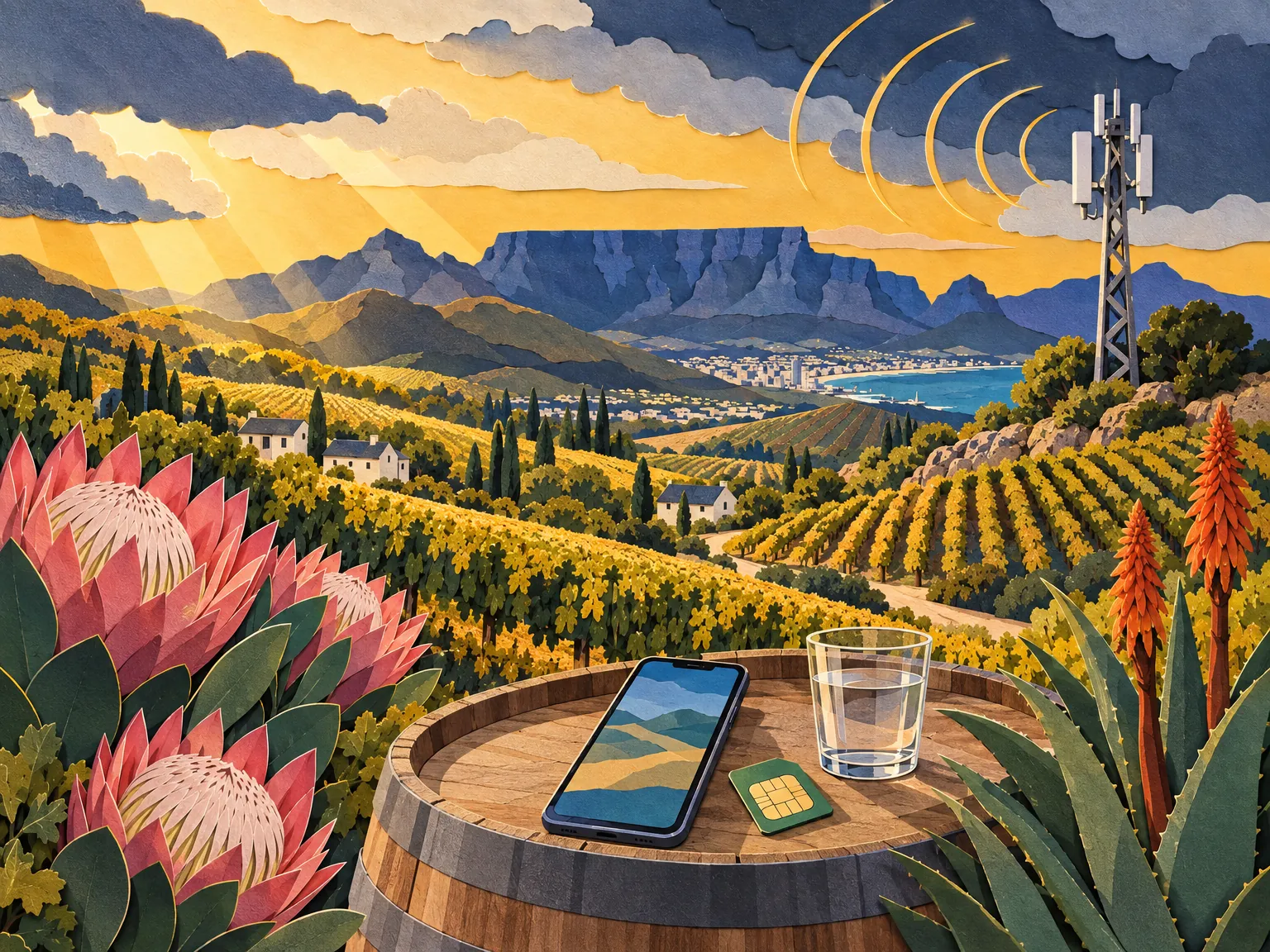 Paper-cut collage of a signal mast among Cape wineland hills, with vines, breaking rain clouds, Table Mountain behind and a phone on a wine barrel.
