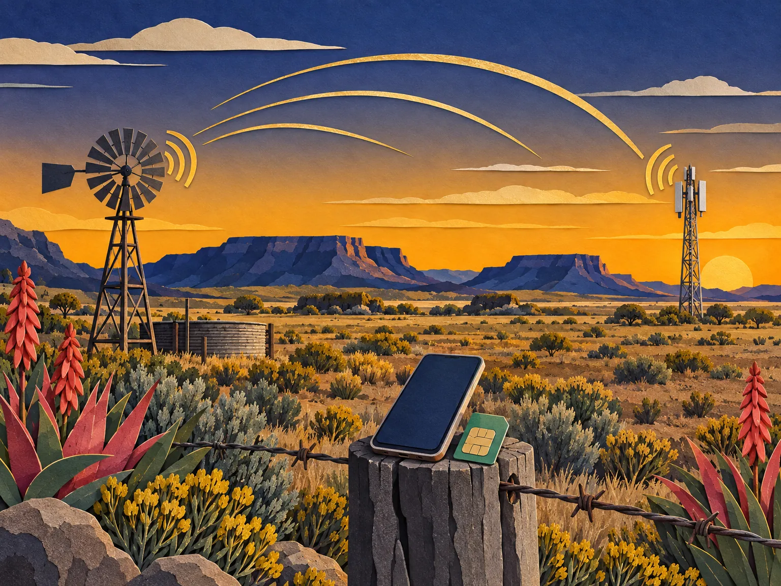 Paper-cut collage of a signal mast beside a Karoo windpump on a wide plain at dusk, with flat-topped koppies on the horizon and a phone on a fence post.