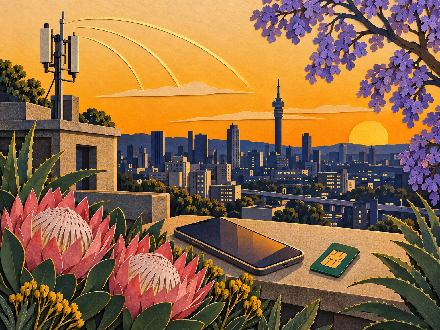 Paper-cut collage of a slim signal mast on a Johannesburg rooftop at dusk, with the city skyline, the Hillbrow tower, a phone and a SIM card on a ledge.
