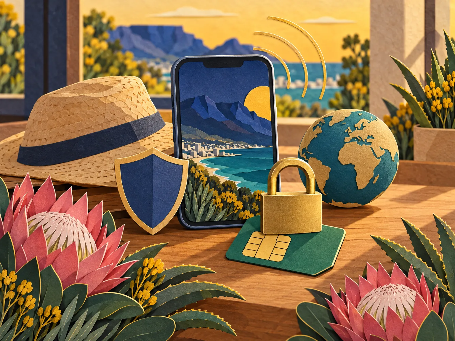 Paper-cut collage of a padlock resting on a SIM card beside a phone, with a shield resting on a globe and a folded straw hat.