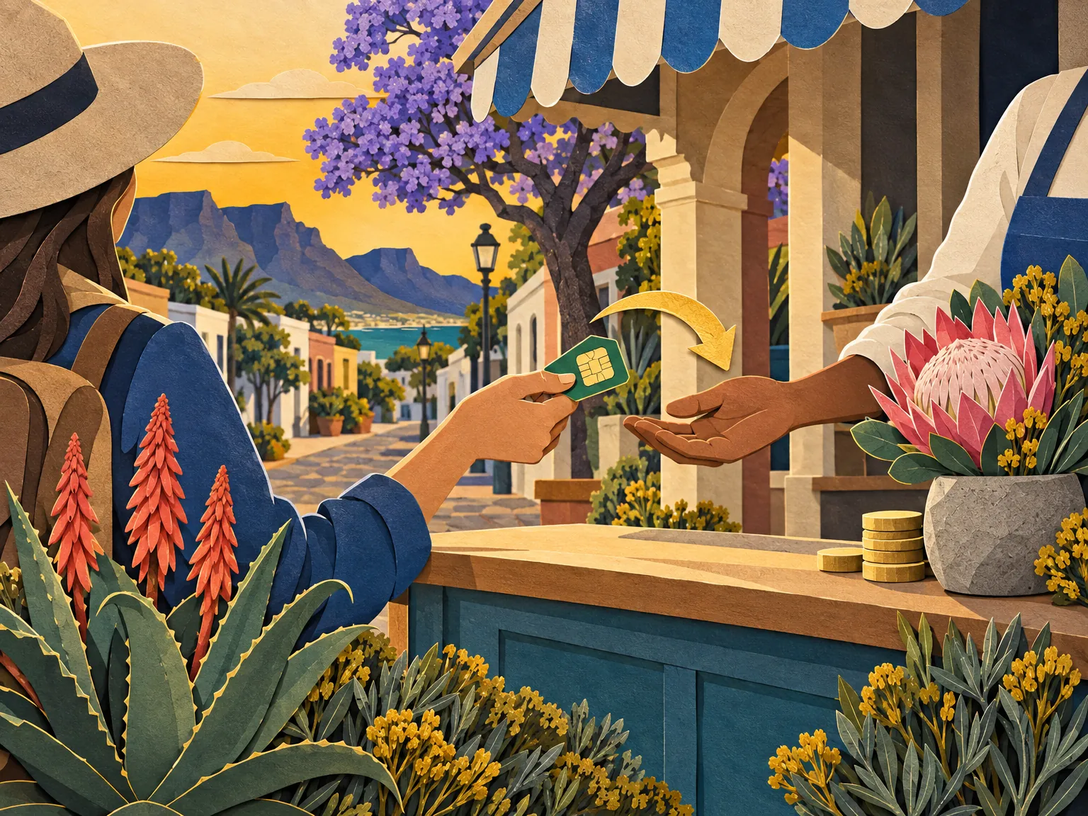 Paper-cut collage of a card and coins changing hands across a shop counter under a blue awning, with protea flowers.