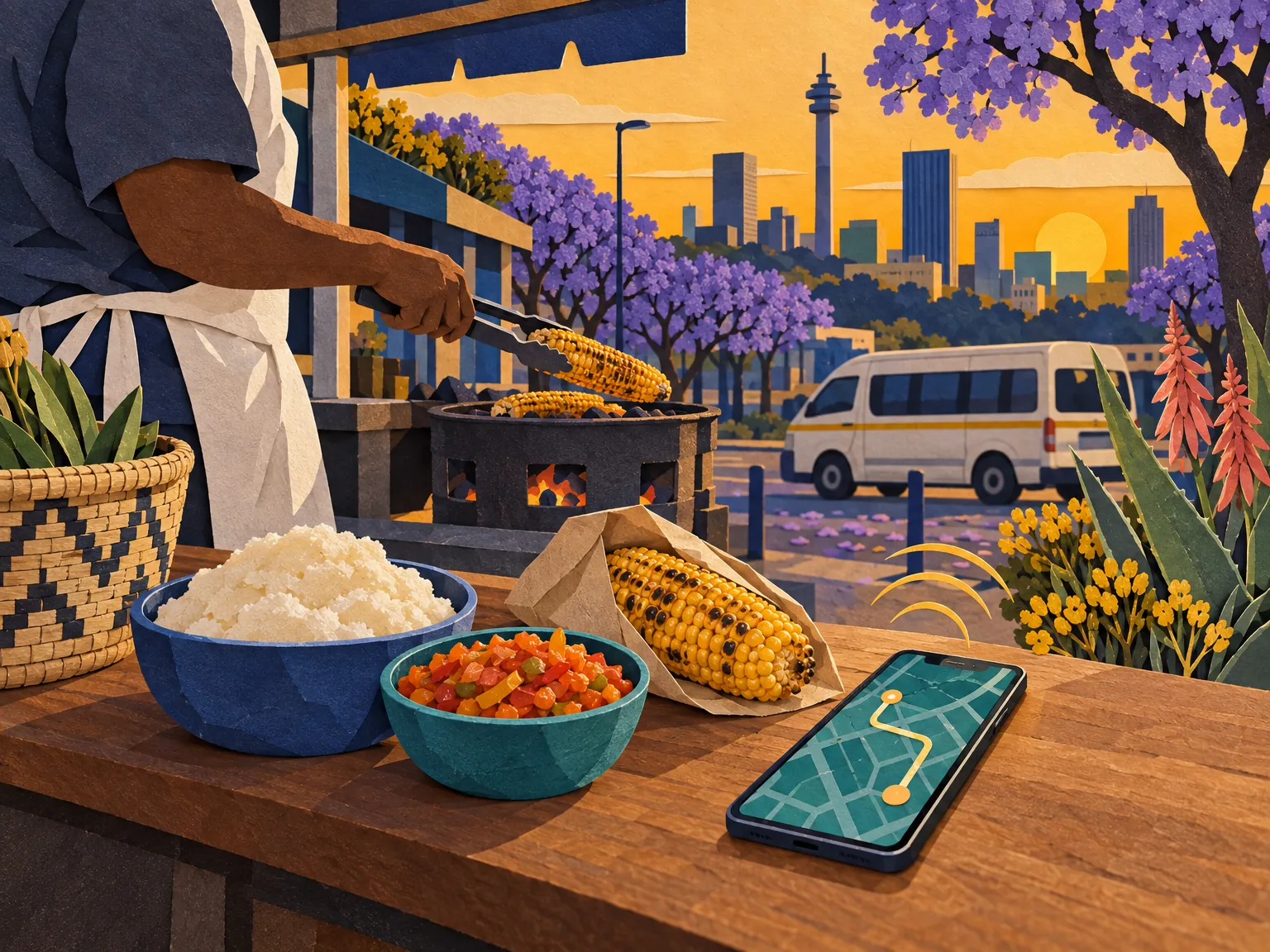 Paper-cut collage: a phone with a map route on a Johannesburg street counter beside roasted corn and a bowl of chakalaka, a minibus taxi and jacarandas behind.