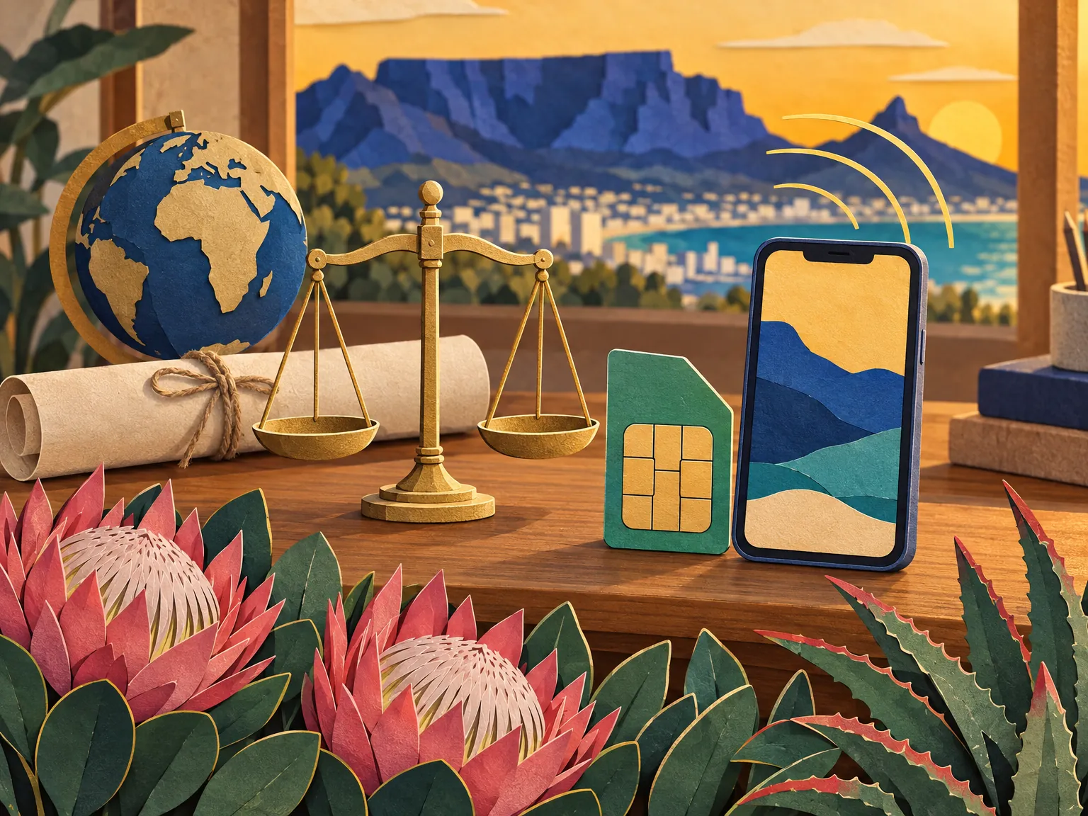 Paper-cut collage of a small balance scale on a wooden table, with a green SIM card, a phone, a rolled parchment and a globe.